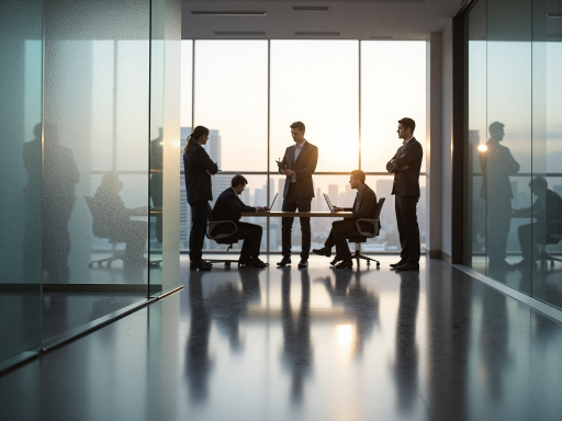 专业咨询团队工作场景,五名穿着正装的咨询师在会议室中讨论方案,背景有白板和图表,光线明亮